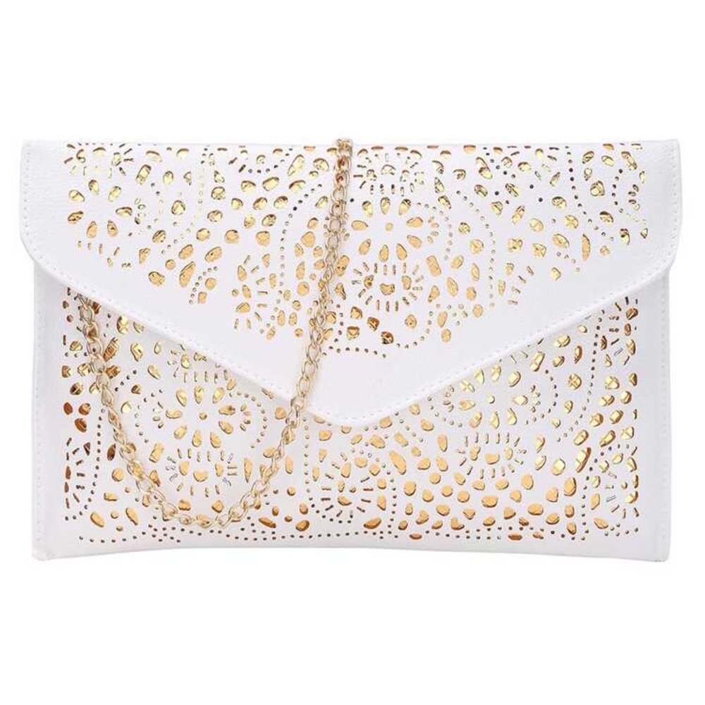 Med. Sized White Clutch Crossbody w/Gold Detailing